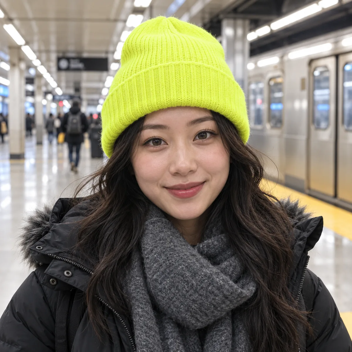 East Asian woman wearing a neon yellow Sportsman knit beanie at a city subway station.