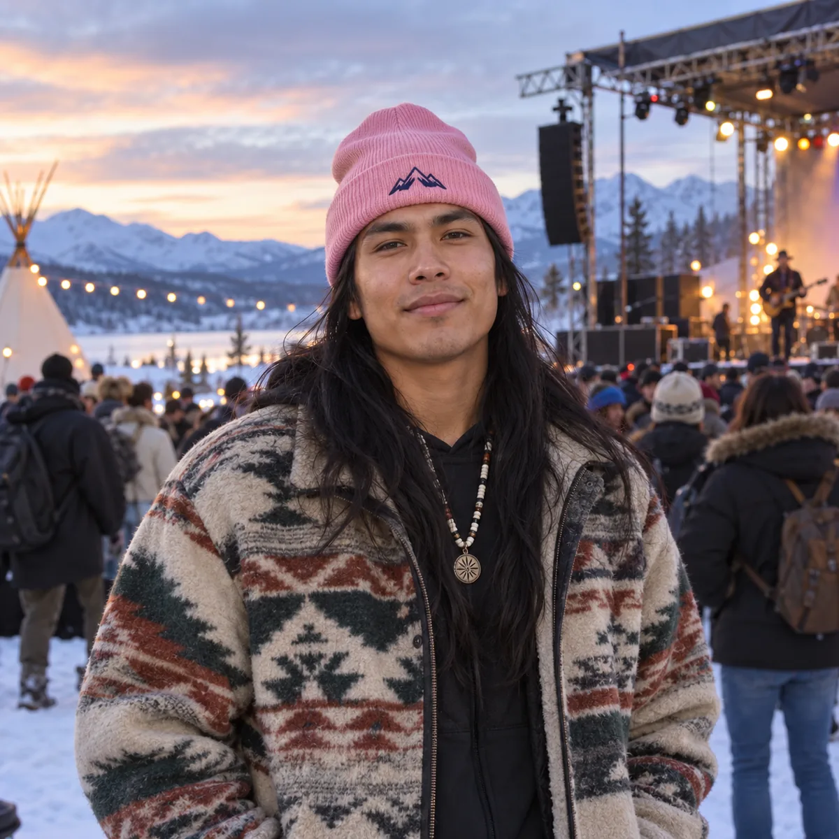 Indigenous man wearing a pink Sportsman beanie with a small fictional mountain emblem at an outdoor music event.