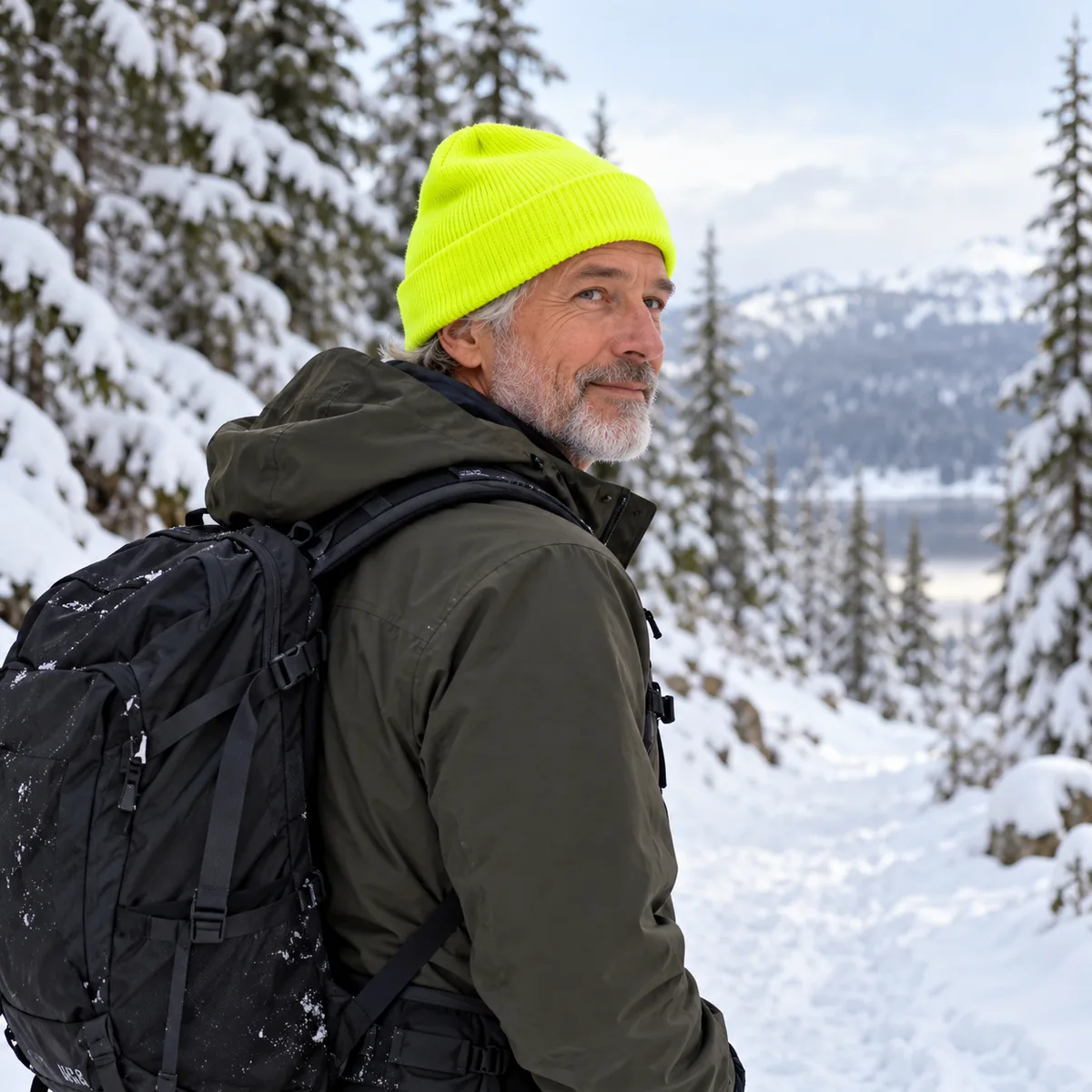 Silver-haired man wearing a safety yellow Sportsman cuffed beanie on a snowy forest trail.