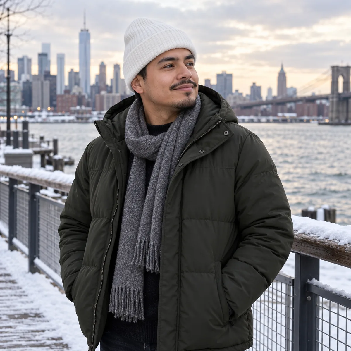 Latino man wearing a white Sportsman cuffed beanie on a winter waterfront boardwalk.