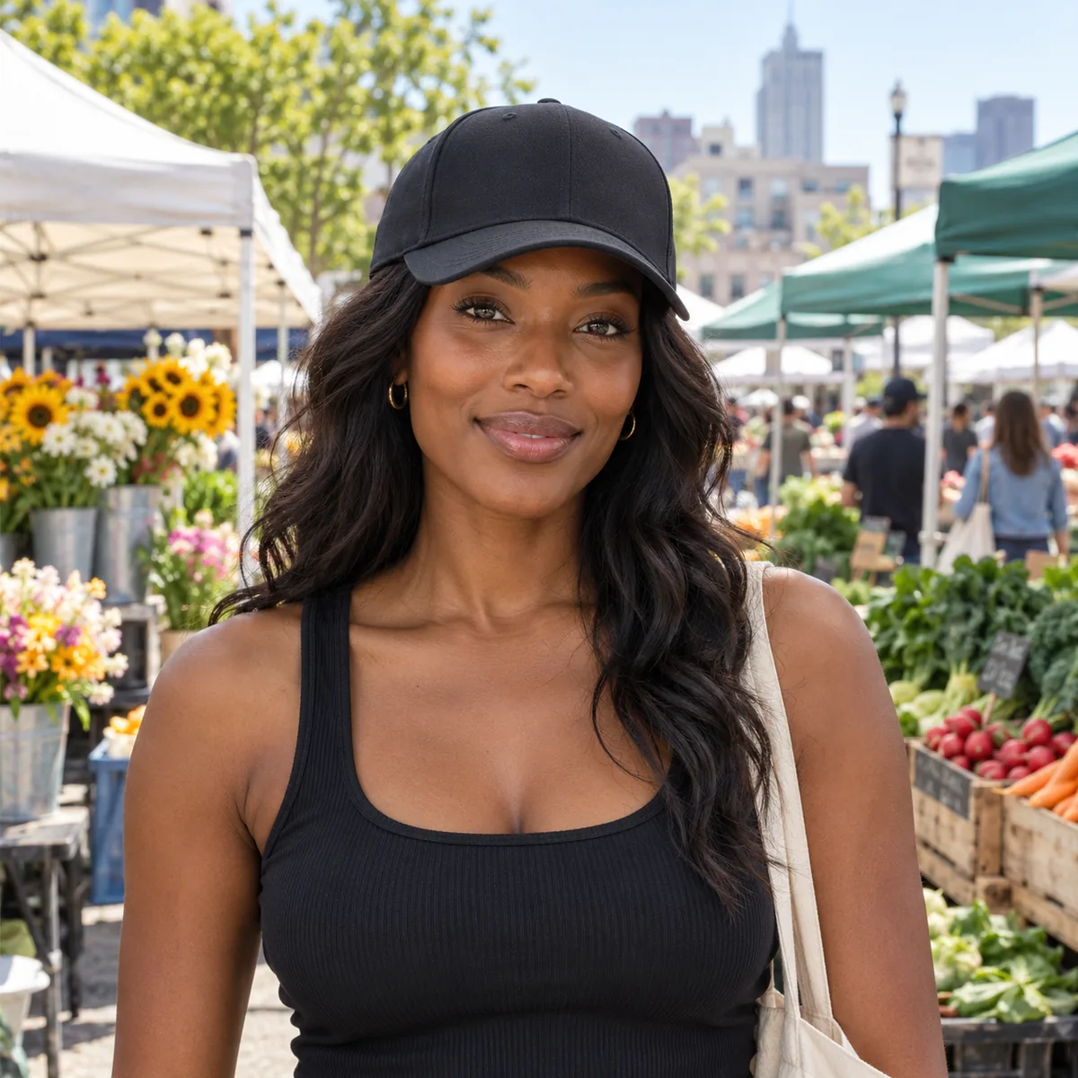 Black woman wearing a black Sportsman structured baseball cap at a city farmers market.