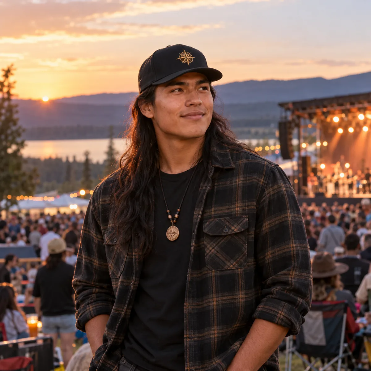Indigenous man wearing a black cap with a small fictional gold compass embroidered on the front at a music event.