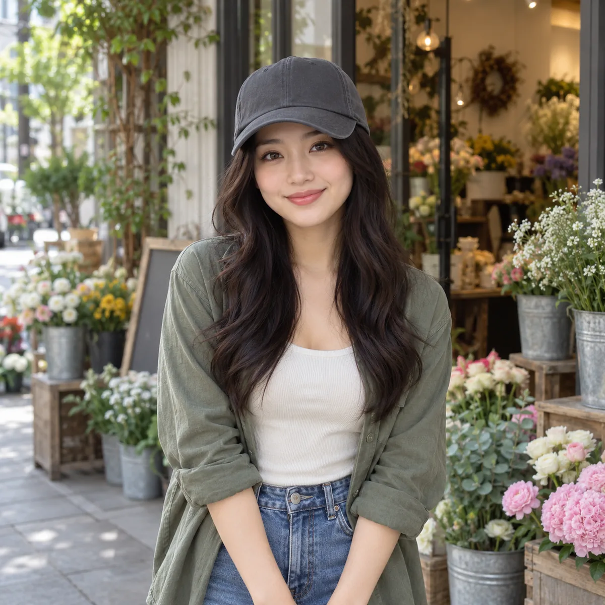 East Asian woman wearing a charcoal structured cap outside a flower shop.