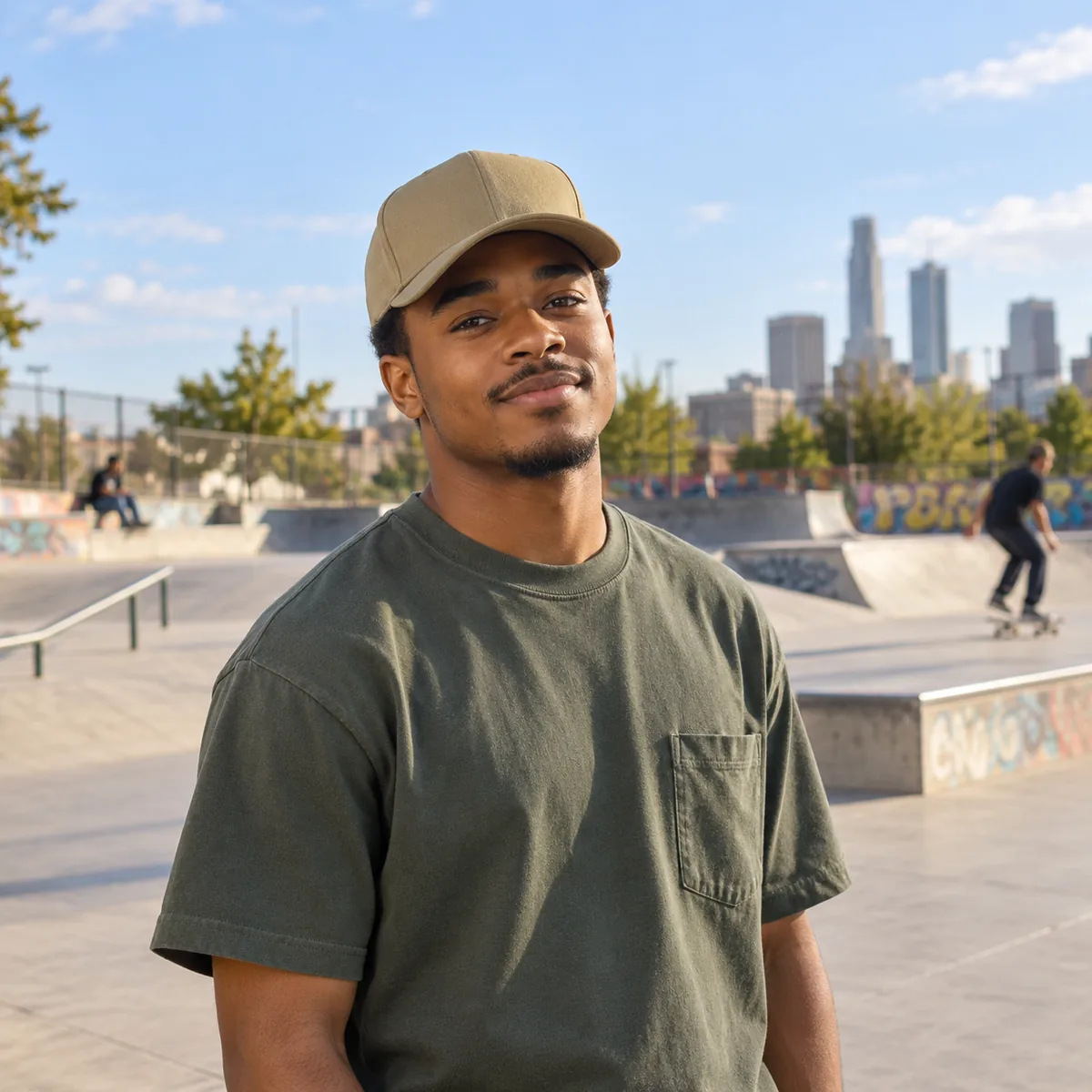 Latino man wearing a khaki structured cap on an outdoor basketball court.