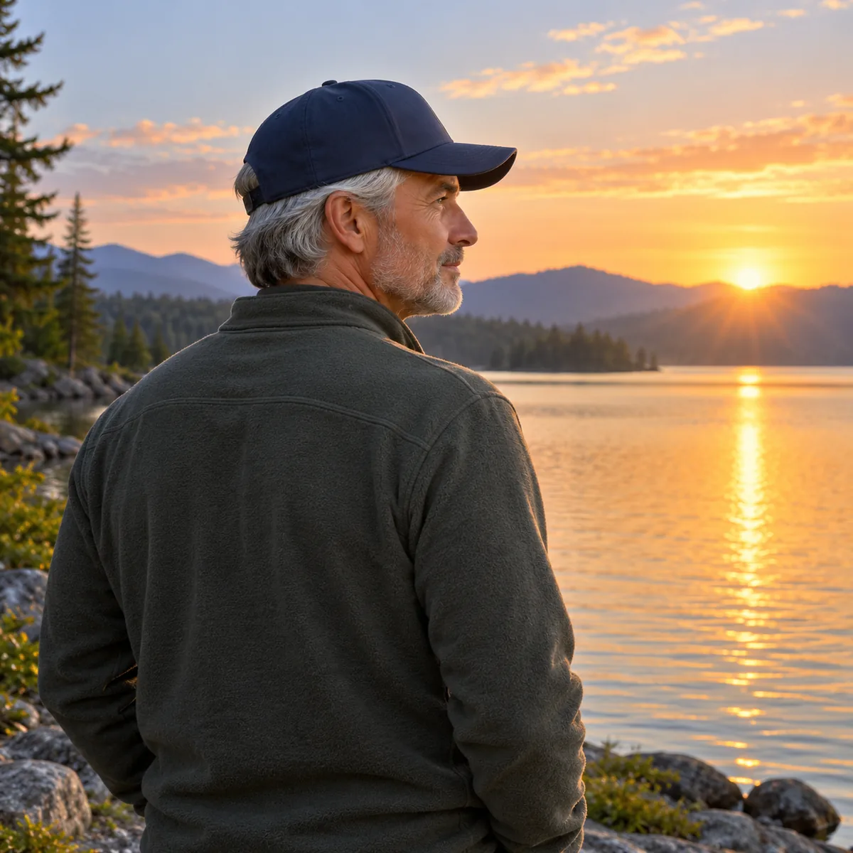 Silver-haired man wearing a navy structured cap beside a lake at sunrise, shown from behind.
