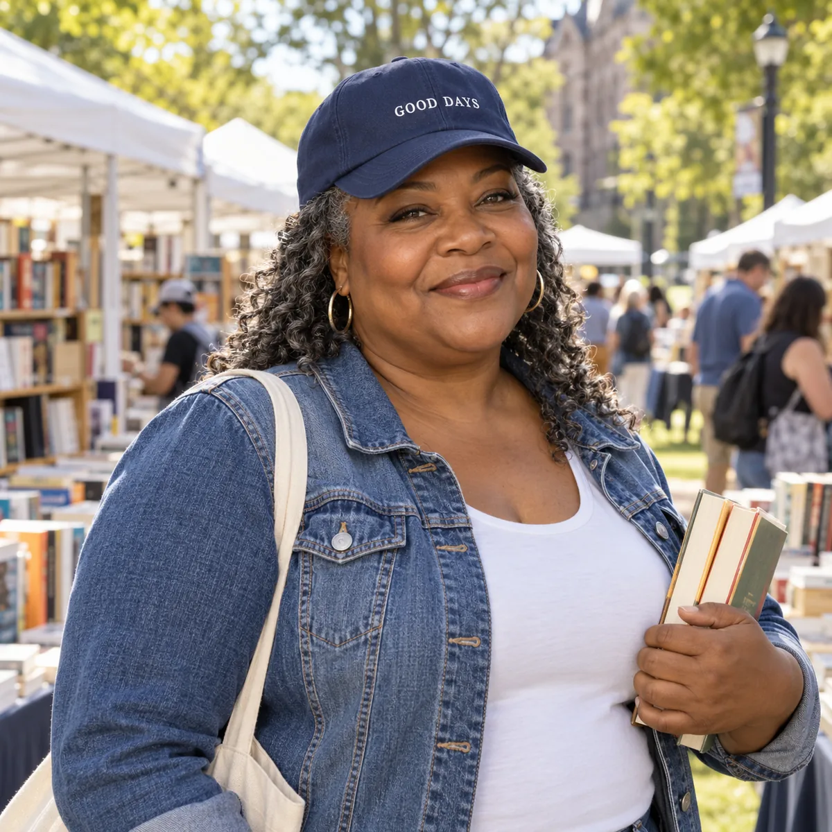 Black woman wearing a navy structured cap with fictional Good Days embroidery at an outdoor book fair.