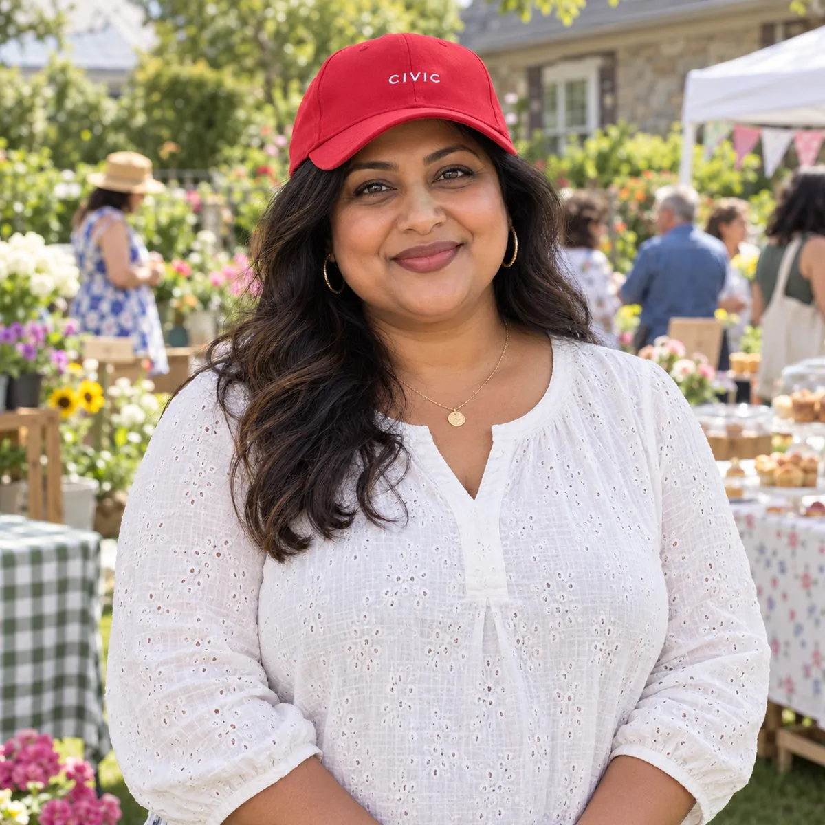 Black woman wearing a red structured cap with fictional Civic embroidery at an outdoor book fair.
