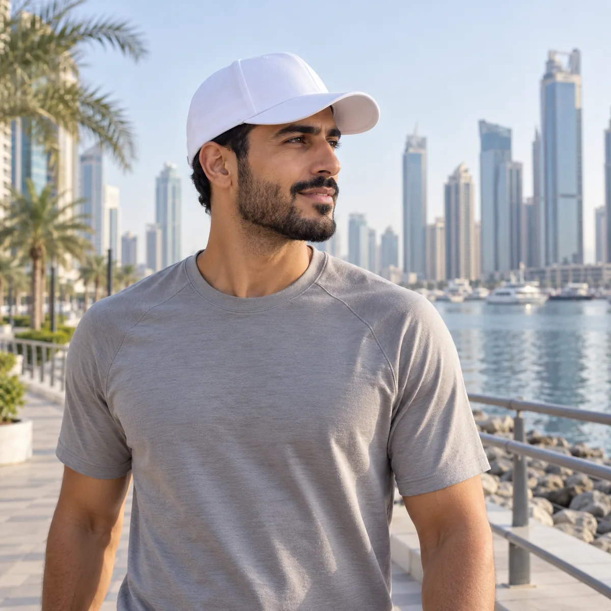 Arab man wearing a white structured cap on an urban waterfront trail.