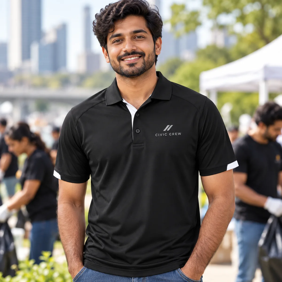Man wearing the Black/White TRIMARK Kiso Polo with fictional Civic Crew sample branding at a volunteer event.