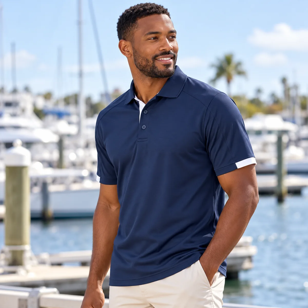 Man wearing the Navy/White TRIMARK Kiso Polo beside a marina, shown in side three-quarter view.