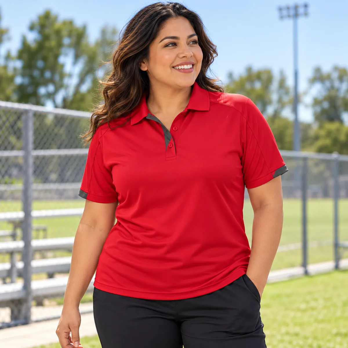 Woman wearing the Red/Steel Grey contrast-trim TRIMARK Kiso Polo at a sports field; blank front.