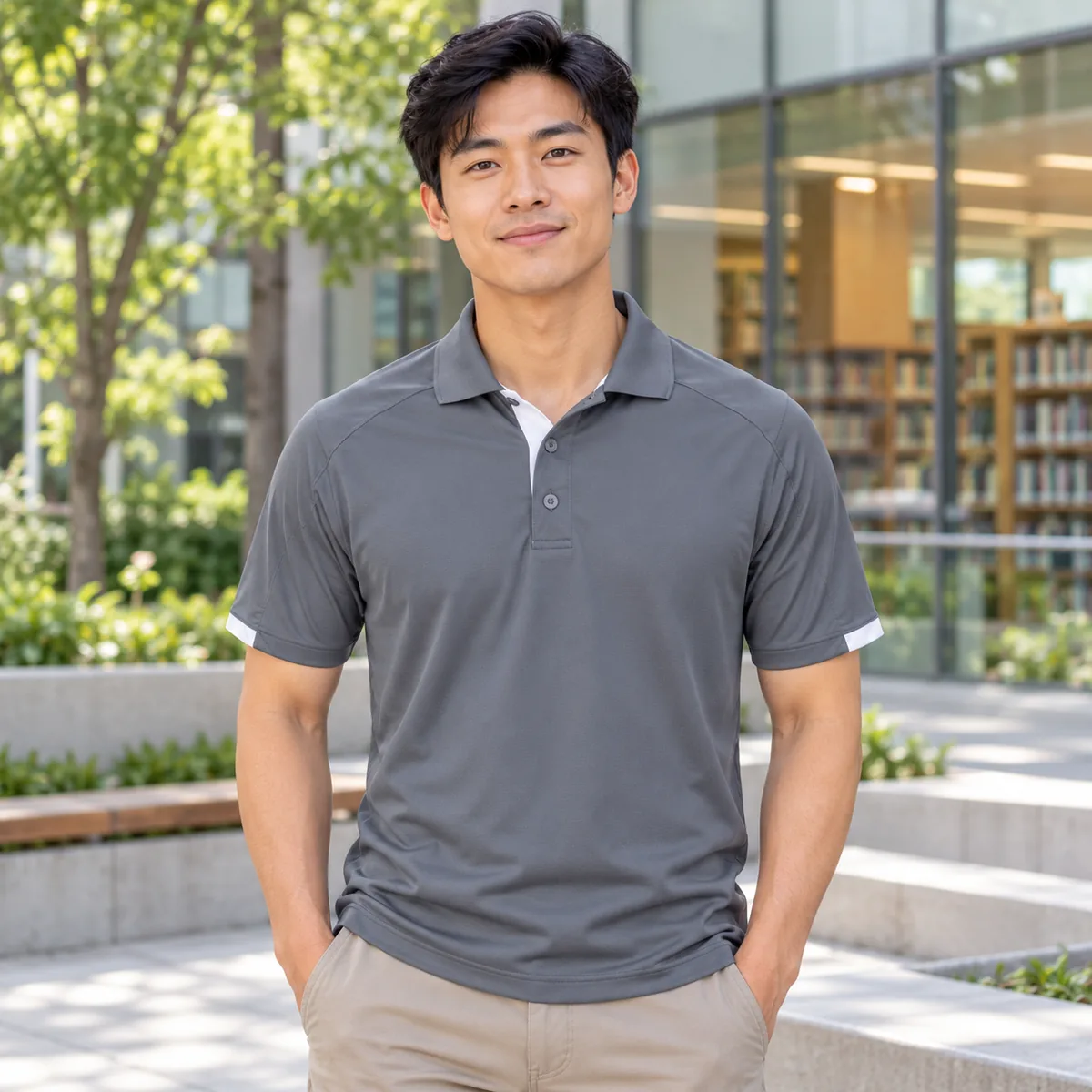 Man wearing the Steel Grey/White TRIMARK Kiso Polo at a library; blank front view.