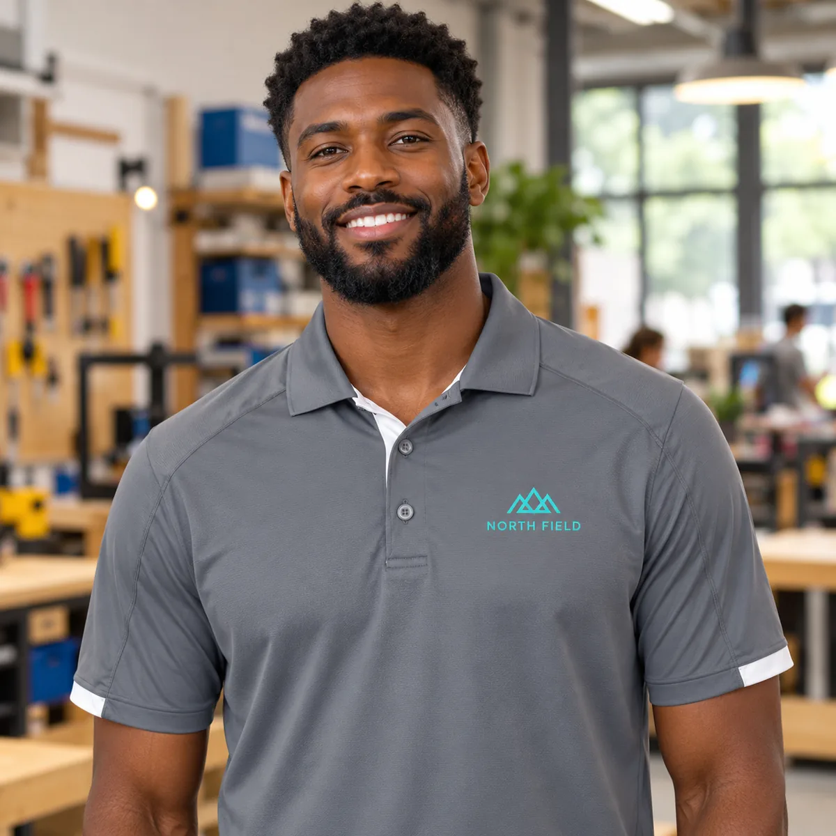 Man wearing a Steel Grey/White polo with fictional North Field sample branding at a makerspace.