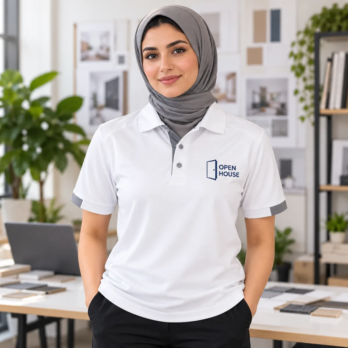 Woman wearing the White/Steel Grey contrast-trim polo with fictional Open House sample branding in a design studio.