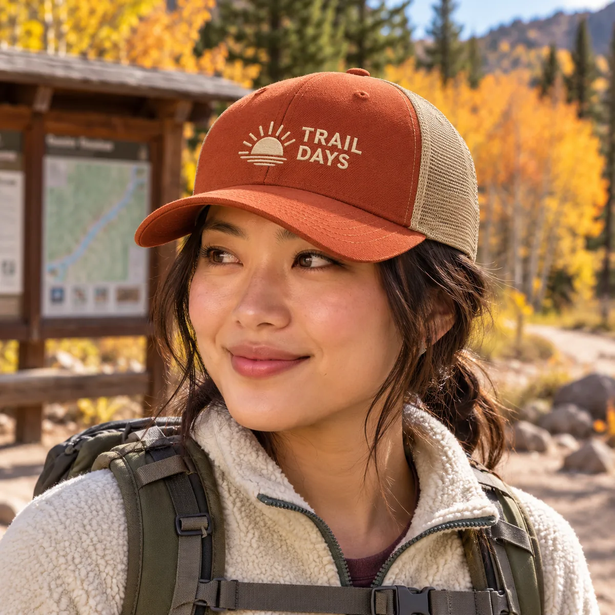 Woman wearing a rustic orange and khaki Yupoong trucker cap with fictional Trail Days sample embroidery at a trailhead.