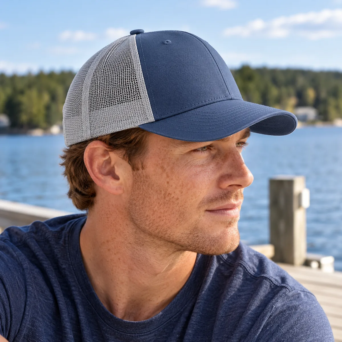 Man wearing a steel blue and silver Yupoong trucker cap in side view at a lakeside pier.