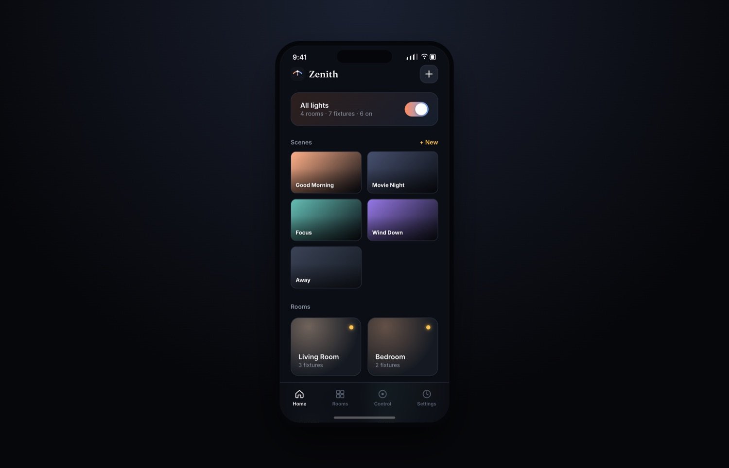 Zenith smart lighting app home screen